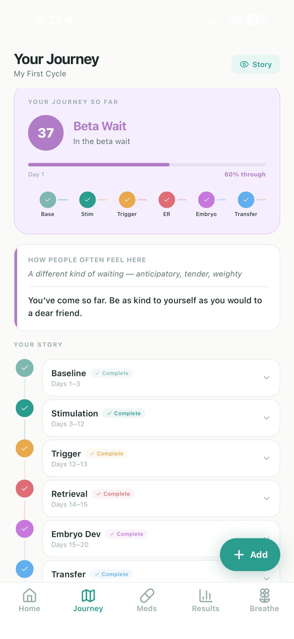 Vela Cycle app — Your Journey screen showing cycle stages and progress